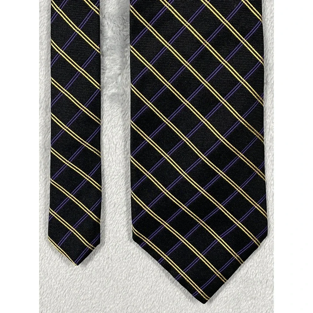 Lauren Ralph Lauren Mens Silk Tie Black Gold Purple Plaid Hand Finished USA Made